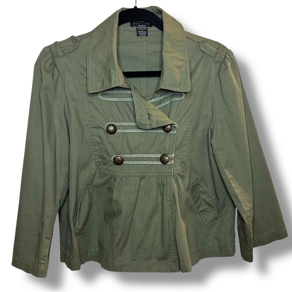 90s Doki Geki Olive Green Military Braided Double Breasted Pleated Button Coat L